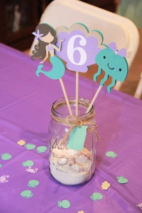 Outside Mermaid Birthday Party, Centerpiece Mermaid Party, Under The Sea Centerpieces Birthdays, Under The Sea Birthday Party Centerpiece, Under The Sea Birthday Party Decorations Centerpieces, Ariel Birthday Party Centerpieces, Mermaid Birthday Centerpiece Ideas, Oneder The Sea Centerpieces, 6th Mermaid Birthday Party