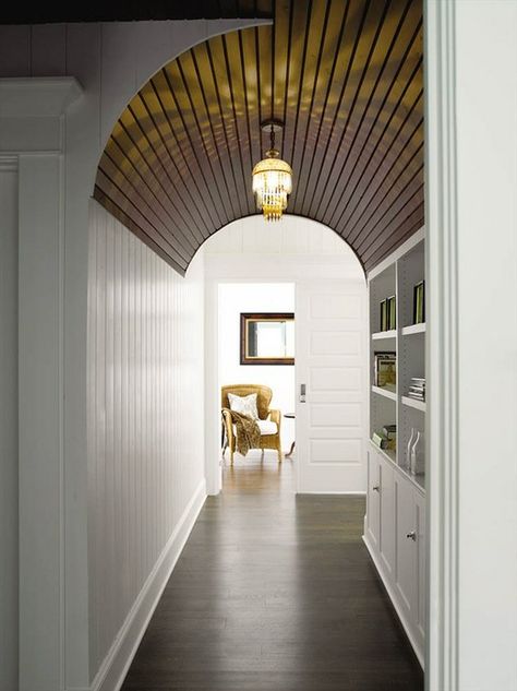 Love the ceiling here! Simple Beach House, Barrel Vault Ceiling, Hallway Ceiling, Island Beach House, Barrel Ceiling, Hardwood Floors Dark, Dark Hardwood, Wooden Ceiling, House Details