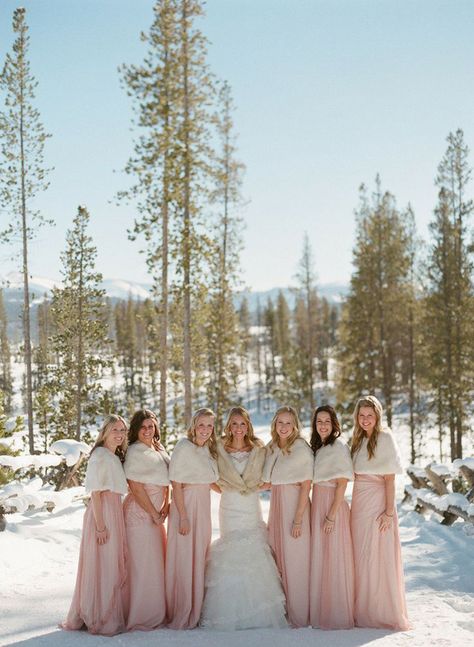 Winter Wonderland Wedding Theme, Winter Wedding Fur, Winter Bridesmaids, Winter Bridesmaid Dresses, Bride And Her Bridesmaids, Wedding Fur, Winter Wedding Colors, Bridesmaid Dress Styles, Winter Wedding Ideas