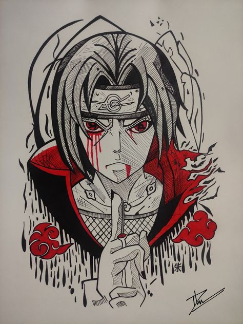 Itachi Art Ballpen Drawing, Black Pen Drawing, Anime Face Drawing, Brush Pen Art, Anime Face, All Anime Characters, Naruto Drawings, Cool Pencil Drawings, Black Pen