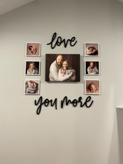 Easy & Cute Picture Wall -Canvas & Tiles from Walgreens -Love You More words from Hobby Lobby Photo Frame Ideas For Bedroom Wall, Couple Wall Decor Ideas, Couple Room Wall Decor, Canvas Picture Wall Ideas Bedrooms, Bedroom Photo Wall Ideas Couple, Couple Bedroom Wall Decor Ideas, Couple Photo Frame Ideas For Bedroom, Bedroom Picture Wall Ideas Couples, Cute Picture Wall