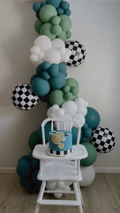 Checker Party Theme, Two Cool Balloon Arch, Black And White Checkered Birthday Party, Black And White Checkered Baby Shower Ideas, Baby On Board Vans Baby Shower Ideas, Checkered 1st Birthday, Checkered Theme Party, A Little Dude Is On The Way, Checkered First Birthday