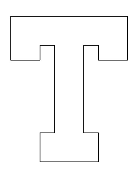 Letter T pattern. Use the printable outline for crafts, creating stencils, scrapbooking, and more. Free PDF template to download and print at http://patternuniverse.com/download/letter-t-pattern/ Letter T Drawing, Upper Case Alphabet Printables, Letter T Font Design, The Letter T, Letter T Embroidery Patterns, Letter T Template Free Printable, Letter T Template, Letter T Printable, T Letter