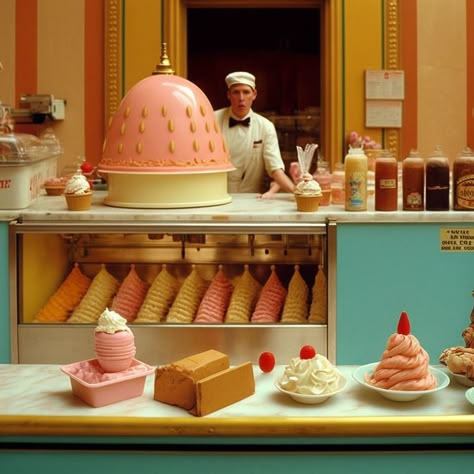 What happens when AI and Wes Anderson collide? Wes Anderson Bakery, Wes Anderson Cake, Wes Anderson Restaurant, Vintage Drive Thru, Wes Anderson Kitchen, Wes Anderson Dinner, Wes Anderson Food, Wes Anderson Interior Design, Wes Anderson Christmas