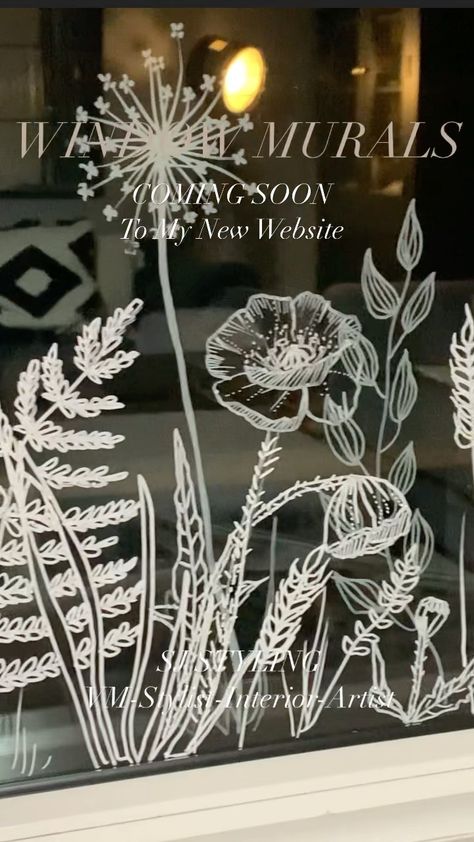 Hand Drawn Window Display, Window Signage Ideas, Window Flower Painting, Spring Window Drawing, Floral Window Painting, Spring Window Art Ideas, Flower Window Art, Chalk Pen Window Art, Window Craft Ideas