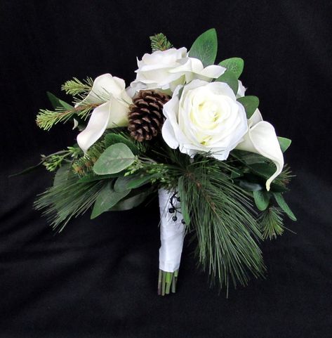 Christmas Winter Wedding, Christmas Wedding Flowers, Pine Wedding, Christmas Wedding Themes, Winter Bridal Bouquets, Bridal Party Bouquets, Cascading Bridal Bouquets, Artificial Wedding Bouquets, Calla Lily Bouquet