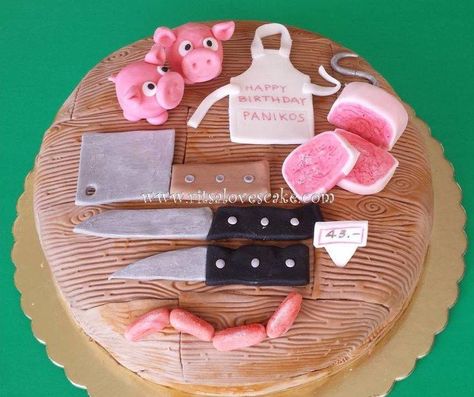 Butcher cake - Cake by Ritsa Demetriadou Pigs In Mud Cake, 43rd Birthday, Chef Cake, Fondant Figures Tutorial, Surprise Cake, The Butcher, A Birthday Cake, Sweet Bakery, New Cake