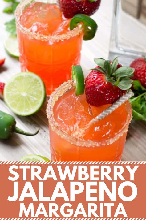 Strawberry Jalapeno Margarita, Summer Margaritas, Spicy Margarita Recipe, Strawberry Margarita Recipe, Margarita On The Rocks, Jalapeno Margarita, Spicy Margarita, Sweet Cocktails, Craft Cocktail