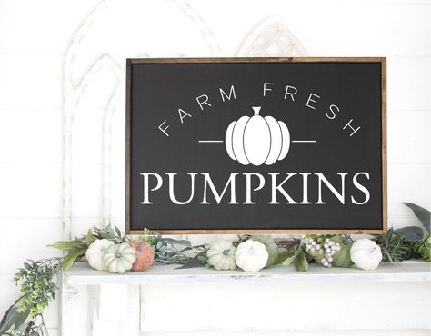 "Farm Fresh Pumpkins Sign :: Specifications :: - Size: 16x24; 24x36; 30x45 -All of our signs are lightly sanded, and hand painted to bring out the wood grain, the natural imperfections and unique character of the planks. This sign is made to order and the one you receive may vary slightly from the one pictured. - Protected with a sealant for interior use. - This sign can stand up alone on its frame or be hung on a wall. By hanging it on your wall you are acknowledging that it meets your safety s Autumn Signs, Pumpkin Patch Sign, Farm Fresh Pumpkins, Fall Wood Signs, Vinyl Creations, Engraving Ideas, Stencils Printables, Pumpkin Farm, Fall Sign