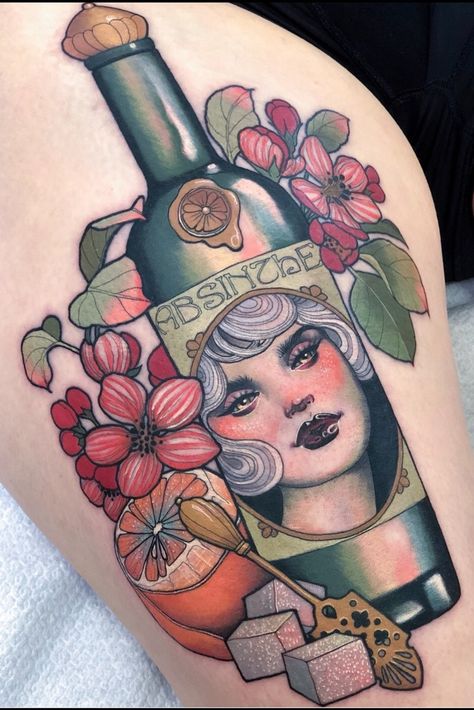 Hannah Flowers, Aesthetic Tattoo Ideas, Pretty Body, 15 Aesthetic, Art Nouveau Tattoo, Nouveau Tattoo, Traditional Tattoo Flowers, Bottle Tattoo, Tattoo Now