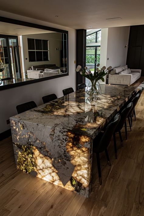 Patagonia Quartzite Kitchen, Patagonia Quartzite, Gemstone Countertops, Kitchen Table Marble, Backlit Stone, Dining Room Natural, Granite Dining Table, Natural Dining Room, Dining Table Ideas