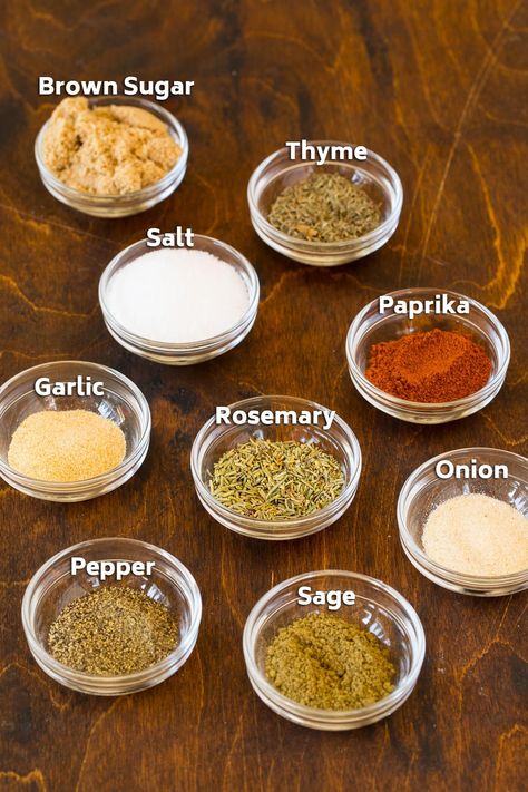 Bowls of salt, sugar, herbs and spices. Perfect Turkey Seasoning, Fry Turkey Seasoning, Butter Herb Rub For Turkey, What Seasonings To Put On A Turkey, Turkey Seasoning Rub Butter, Chicken Spices Rub, Turkey Spice Rub Recipes, Turkey Breast Seasoning Rub Thanksgiving, Seasoned Butter Rub For Turkey