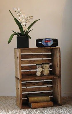 This looks like my nightstand, only mine is two old peach crates or something stacked next to each other instead of on top, and with multiple shelves. I really like mine! Creative Nightstand Ideas, Wooden Crates Nightstand, Creative Nightstand, Diy Night Stand, Wooden Crate Shelves, Crate Shelves Diy, Crate Nightstand, Crate Side Table, Wooden Wine Crates