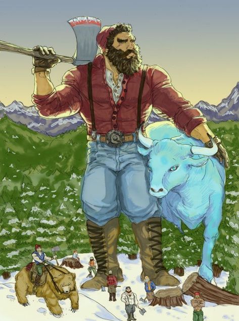 Paul Bunyan is a giant lumberjack and folk hero in american and canadian folklore.His exploits revolve around the tall tales of his superhuman labors, and he is customarily accompanied by Babe the Blue Ox. The character originated in the oral tradition of north american loggers, and was later popularized by writer William B. Laughead in a 1916 promotional pamphlet for the Red River Lumber Company.He has been the subject of various literary compositions, musical pieces and theatrical productions. Babe The Blue Ox, American Folklore, Shadow Wolf, Paul Bunyan, Pulp Fiction Art, Genghis Khan, Tall Tales, American Gods, Epic Story