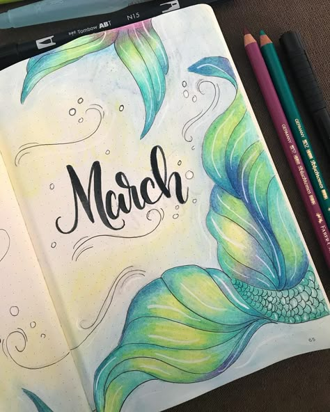 Crafts By Month, Monthly Journal, Bullet Journal Month, Bullet Journal Page, Bullet Journal Cover Page, Waves Sea, Mermaid Drawings, Bullet Journal Mood, Bullet Journal Aesthetic