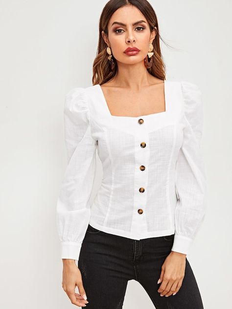 Button Up Gigot Sleeve Square Neck Shirt -SHEIN(SHEINSIDE) Gigot Sleeve, Square Neck Top, Spring Shirts, Slim Fit Shirt, Blouse Vintage, Blouse Styles, Outfits Casuales, Fashion Clothes, White Shirt