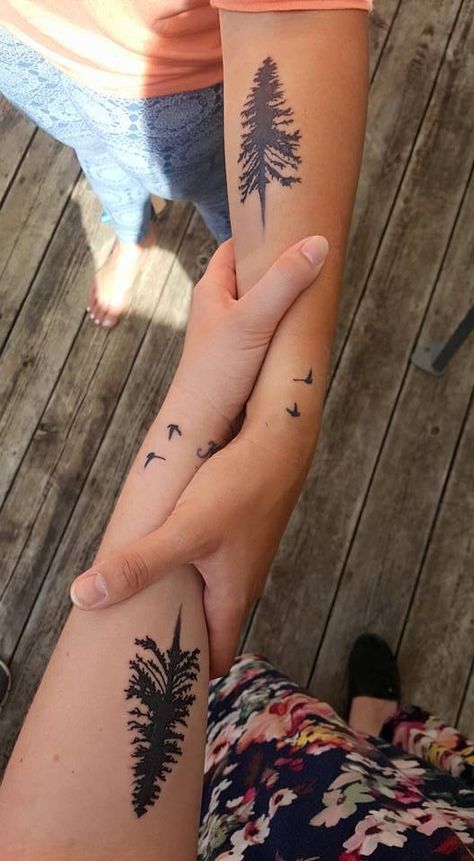 Best friend tattoo. Pine tree with two flying birds Bird Friend Tattoo, Pine Tree And Flower Tattoo, Best Friend Tattoos Outdoors, Couples Tree Tattoo, Tattoo Pine Tree, Country Couple Tattoos, Sonic Tattoo, Tree With Birds Tattoo, Friend Tats