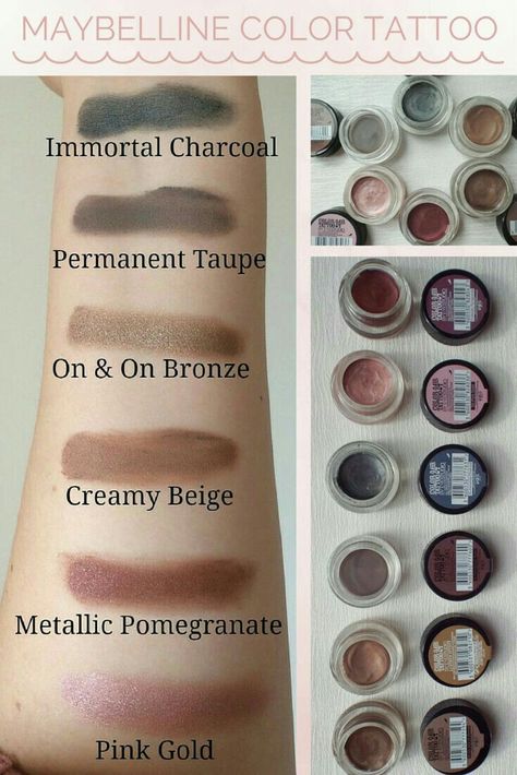 Maybelline colour tattoo Maybelline Highlighter, Corrector Maybelline, Superstay Maybelline, Skin Color Tattoos, Maybelline Concealer, Foundation Swatches, Colour Tattoo, Maybelline Lipstick, Maybelline Color Tattoo