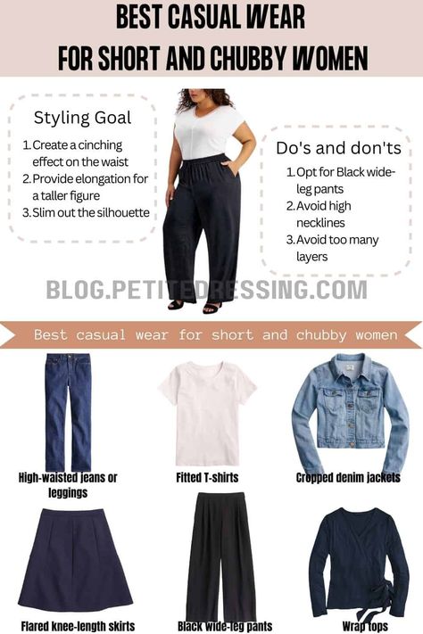 Casual wear guide for short and chubby Casual Outfits Petite, Outfits For Short Women Curvy, Outfits For Short Women, Belly Clothes, Dress For Chubby, Curvy Casual Outfits, Plus Size Fashion Tips, Chubby Fashion, Curvy Shorts