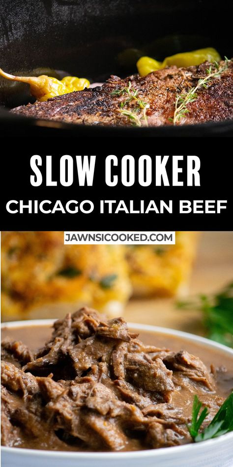 This delicious and simple Slow Cooker Chicago Italian Beef is loaded with Italian style flavor, and makes great sandwiches for parties or fuss free dinner! Italian Beef Crockpot Chicago, Shredded Italian Beef Crock Pot, Homemade Italian Beef Sandwiches, Chicago Style Italian Beef Crockpot, Italian Beef In Crockpot, Chicago Style Italian Beef Sandwiches Crockpot, Homemade Italian Beef, Crock Pot Italian Beef Sandwiches, Chicago Beef Sandwich Recipe Slow Cooker