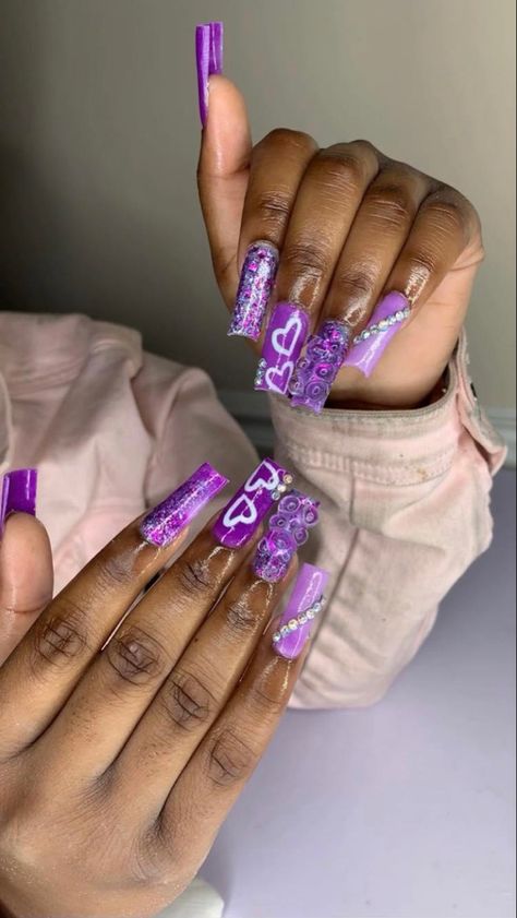 Purple Glitter French Tip Nails Acrylic, Purple French Tip Nails Acrylic Long, French Tip Nails Purple, Pink Blue And Purple French Tip Nails, Purple Aquarius Nails, Purple Acrylic Nails Black Women, Purple Toe Nails, Purple Toes, Funky Nail Designs