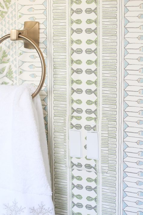 Fun Powder Bath Wallpaper, Thibaut Anna French Cairo Wallpaper, Narrow Powder Room Wallpaper, Grandmillenial Powder Bath, Anna French Cairo Wallpaper, Blue Green Powder Room, Striped Walls Bathroom, Powder Bath With Wallpaper, Thibaut Wallpaper Bathroom