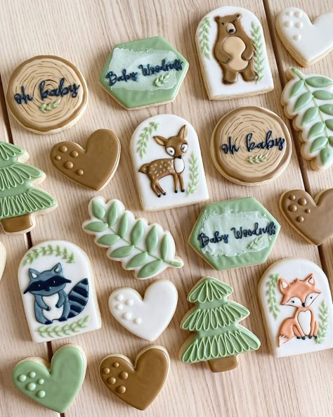 Woodland Shower Cookies, Woodland Royal Icing Cookies, Woodland Sugar Cookies Baby, Woodland Decorated Cookies, Woodland Cookies Baby Boy, Woodland Animal Cookies Decorated, Woodland Creature Cookies, Woodland Themed Cookies, Cookies For Baby Shower Boy