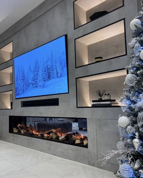 Media Room Carpet Ideas, Rgb Living Room Ideas, Media Wall In Kitchen, Media Wall Christmas Decor, Tv With Electric Fireplace Underneath, Media Wall Bedroom, Basement Fireplace Wall, Media Unit Ideas Tv Walls, Media Wall Decor Ideas