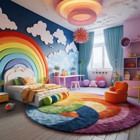 Bedroom Ideas For Kids Girls Children, Big Kids Bedroom Ideas, Kids Girl Room Ideas, Kids Colorful Bedroom, Kids Room For Boys, Rainbow Childrens Bedroom, Awesome Kids Bedrooms, Girls Room Theme Ideas, Kids Bedroom Door Ideas