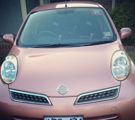 my little car, a London Rose Nissan micra Nissan Micra Aesthetic, Nissan Micra 2010, Cute Small Cars, Rose Gold Car, Nissan Note, Car Things, Nissan Micra, Ford Ka, Nissan Cars