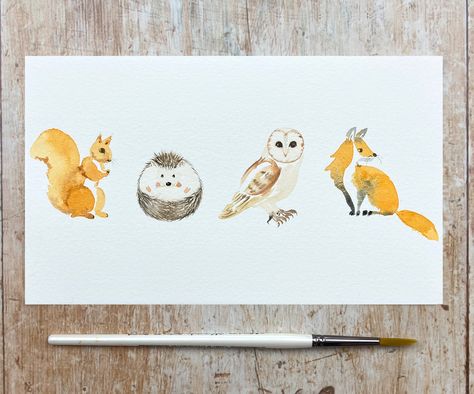 Watercolour Woodland Animals, Forest Animals Watercolor, Woodland Creature Watercolor, Woodland Watercolor Nursery Art, Watercolor Woodland Animals Nursery, Nature Art Drawings, Woodland Critters, Watercolor Paintings Tutorials, Easy Watercolor