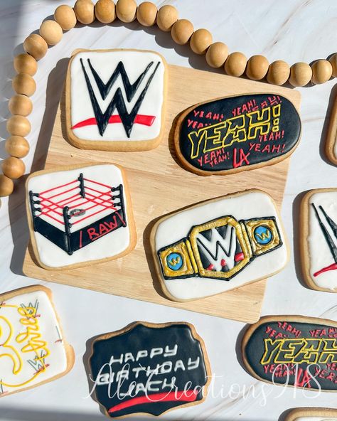 WWE COOKIES 🍪🥊 Wwe Cookies, Wwe Decorations, Wrestling Birthday, Wwe Birthday Party, Wwe Birthday, Sports Cookies, 19th Birthday, 11th Birthday, Boys Birthday