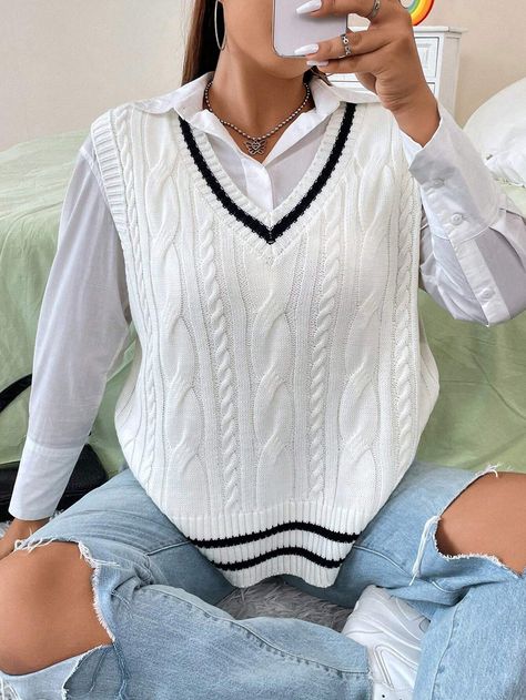 Outfit Chaleco Blanco, Chaleco Blanco Outfit, White Vest Outfit, Knit Vest Outfit, Vest Outfits For Women, Sweater Vest Outfit, Cable Knit Vest, Comfy Jumpsuits, Casual Knitwear