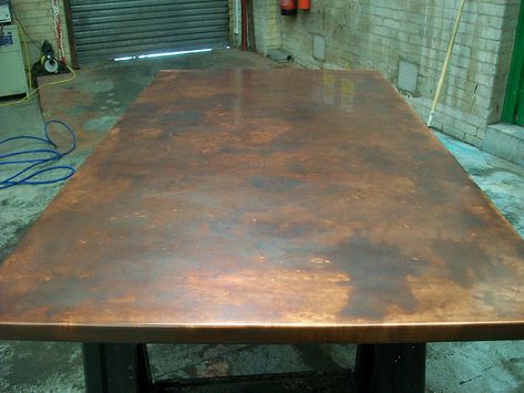 17 - Bronze Aged Copper Table Top Variation of Patina Finish 160cm x 90cm Louisiana Farmhouse, Taproom Design, Copper Table Top, Zinc Table, Copper Top Table, Copper Top, Copper Interior, Texture Metal, Metal Sheets