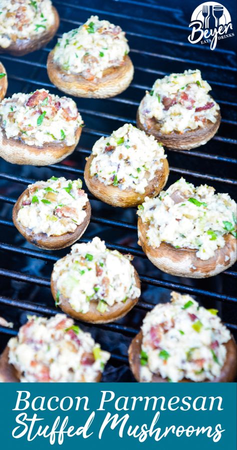 Bacon parmesan stuffed mushrooms are a gluten-free stuffed mushroom recipe is low-carb, filled with bacon, cheese, garlic, onions, and herbs that can be grilled or baked. These mushrooms are so simple to make and are becoming a summer dinner staple, especially as we are trying to cut carbs. The flavors pair perfectly with every meat off the grill. Parmesan Stuffed Mushrooms, Grilled Stuffed Mushrooms, Stuffed Mushrooms Cream Cheese, Gluten Free Stuffed Mushrooms, Dinner With Mushrooms, Mushrooms Grilled, Best Stuffed Mushrooms, Stuffed Mushroom Recipe, Portabella Mushrooms Recipes