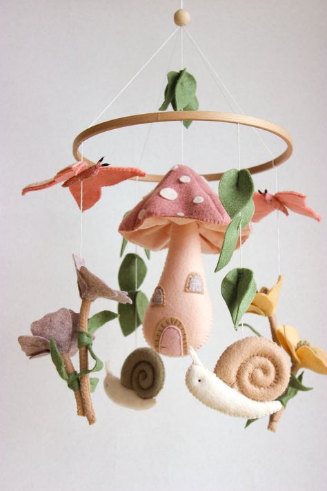 Fairy Garden Mobile, Fairy Baby Mobile, Woodland Baby Mobile, Fairy Mushroom House - Etsy South Africa Nursery Mushroom Theme, Fairy Nursery Theme Fairytale, Fairy Core Nursery, Tea Party Nursery, Felt Mobile Baby, Mushroom Themed Nursery, Mushroom Nursery Decor, Snail Nursery, Fairy Forest Nursery