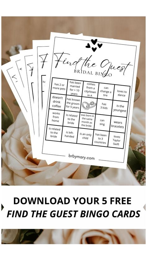 Download Your Free ‘Find The Guest’ Bridal Shower Bingo Cards. When you’re planning a bridal shower, one of the best ways to get everyone mingling and having a good time is by playing a fun game. That’s where “Find the Guest” Bridal Bingo comes in. Find The Guest Bingo Free Printable, Wedding Bingo Printable Free, Bridal Shower Bingo Printable Free, Bridal Shower Games Free Printables, Bingo Printable Free, Eloping Ideas, Forest Wedding Decorations, Find The Guest Bingo, Wedding Bingo