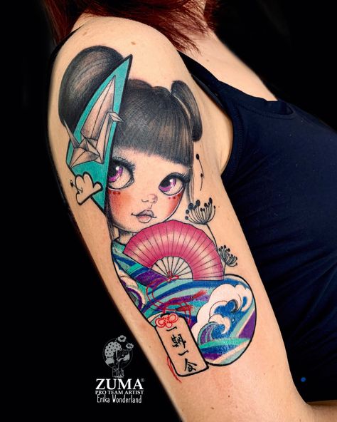 wonderland kokeshi by erika wonderland tattoo Doll Tattoo Ideas, Kokeshi Tattoo, Kimmi Dolls, Lucky Cat Tattoo, Tattoo Themes, Doll Tattoo, Wonderland Tattoo, Epic Tattoo, Tattoo Templates