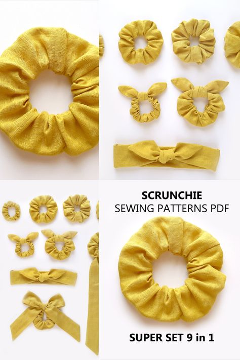 How to sew easy scrunchie. Super set of Scrunchie SEWING PATTERNS PDF - 9 designs of scrunchie and headband DIY. Fluffy scrunchie, bunny ears scrunchie for adults, ponytail scarf scrunchie pattern. Extra easy and quick sewing project for beginners. SAVE when you buy the patterns TOGETHER! Scrunchie Pattern, Ponytail Scarf, Headband Diy, Diy Hair Scrunchies, Bow Scrunchie, Scrunchies Diy, Upcycle Clothes Diy, Handmade Stuffed Animals, Sew Easy