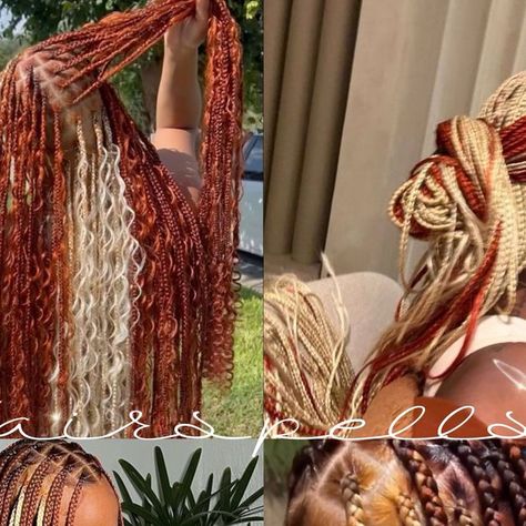 Hairspells Human Hair Wigs 🔥 on Instagram: "Copper and blonde braid inspo 🧡💛❤️💛   Follow @hairspells_ to catch more color inspiration ✨  Use code HS17 to save money 👇🏽 www.hairspells.com   #copper #copperhair #copperhaircolor #copperhairgoals #copperhairdontcare #copperhaircolour #blondehair #blondehairdontcare #blondehairstyles #blondehairgoals #newhair #newhairstyle #hairgoals #hairfashion #hairideas #hairinspiration #hairinstagram #braid #braidstyles #braidstylesforwomen #bohobraid #bohobraids #bohostyle #bohofashion #hairstyle #hairstyleideas" Orange And Blonde Braids, Box Braids Hair Color, Copper And Blonde Braids, Copper Braids, Braids Hair Color, Copper And Blonde, Cornrows Box Braids, Locs Cornrows, Colorful Braids