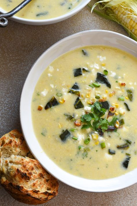 Poblano Corn Chowder Poblano Corn Chowder Recipe, Poblano Corn Chowder, Corn Poblano, Poblano Corn, Bacon Corn Chowder, Corn Chowder Recipe, Baked Corn, Chowder Recipe, Creamy Corn