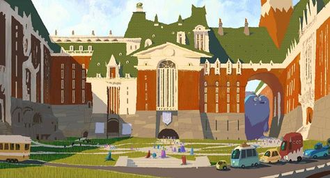 An early concept for the look and feel of Monsters University. We didn't end up going in this direction, this was still early when we were exploring different possibilities. Robert Kondo, Dice Tsutsumi, Bg Design, Concept Art Tutorial, Color Script, Scene Design, Animation Reference, Architecture Illustration, Environmental Design