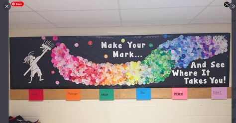 The Dot Bulletin Board, Unique Bulletin Board Ideas, Meet The Teacher Night, Primary School Art, School Library Displays, International Dot Day, Spring Bulletin Boards, School Hallways, School Wall Art