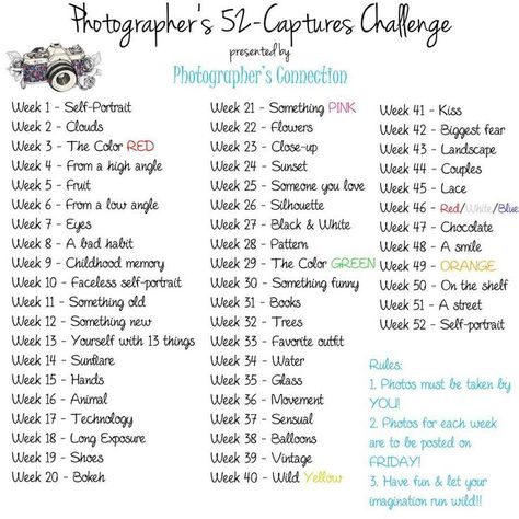 52 Week Capture Challenge. I need to do this and the 30 day one... And put them on the blog I've never written in. Haha Beauty Fotografie, Photo A Day Challenge, Photo Prompts, Foto Tips, Photography Challenge, Photography 101, Photography Lessons, Trik Fotografi, Photo A Day