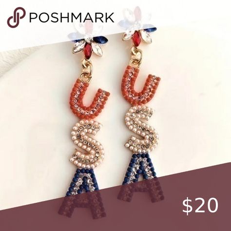 USA Patriotic Shiny Zircon Rice Bead Statement Earrings Patriotic Earrings, Pearl Letters, Blue Dangle Earrings, Rice Bead, Usa Patriotic, Fish Hook Earrings, Beaded Dangle Earrings, Feather Earrings, Rhinestone Earrings