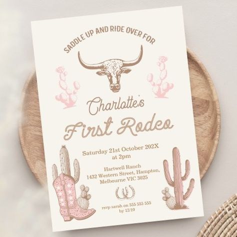 Birthday Invitations Girl 1st Birthday Invitations & Invitation Templates | Zazzle Pink First Rodeo Birthday, Her First Rodeo Birthday, Outfit Cowgirl Party, Western Themed 1st Birthday, First Rodeo Invitations, Girl First Rodeo Birthday, Second Rodeo Birthday Party, First Birthday Rodeo Theme, 1st Rodeo Birthday Party Girl