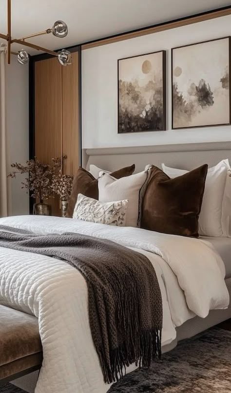 Bed With Fur Throw, Navy Throw Pillows Master Bedrooms, Basic Bedroom Design, Faux Fur Pillows On Bed, Modern Luxury Bedding, Gold Velvet Bed, Velvet Bedding Bedroom Ideas, Luxury Primary Bedroom Ideas, Green Layered Bedding