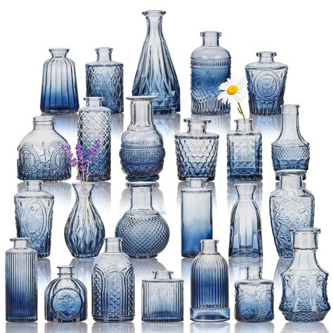 PRICES MAY VARY. [package contains] 24 different shapes of gradual blue relief vintage glass vases they are very elegant can perfectly display the overall form of flowers great for decorating parties and tables add a touch of color to your life. [product size] our products are mini cute little glass vases not uniform in size but all between 3-6 inches although small these small vases are suitable for flower arrangements or to put in a variety of lamp strings in the centerpiece. [ thick glass ] o Table Party Decor, Vases For Wedding, Vasos Vintage, Blue Table Settings, Blue Centerpieces, Beach Wedding Centerpieces, Small Glass Vases, Table Party, Blue Bridal Shower