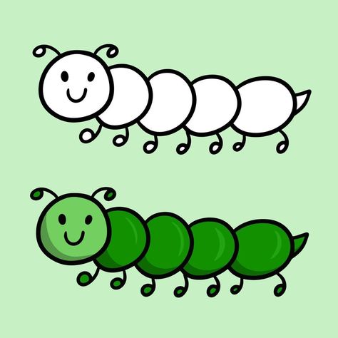 A set of color and sketch pictures. Green cute funny caterpillar, vector cartoon illustration on a light background, children's picture Green Drawing Ideas, Caterpillar Drawing, Drawing Ideas Cute, Green Drawing, 3d Art Drawing, Green Cute, Vector Cartoon, Light Background, Lights Background