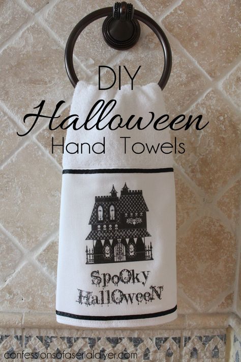 DIY Halloween Hand Towels Hand Towels Diy, Halloween Tour, Haunted Halloween, Halloween Decorating, Easy Diy Halloween, Halloween Craft, Printable Halloween, Backsplash Tile, Halloween Signs